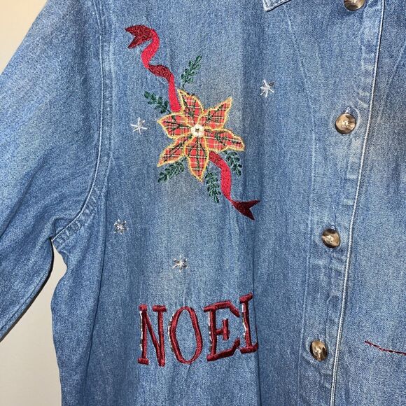 Victoria Jones Vintage Christmas Jean Button Top Blue Denim Embroidered Size Med - Picture 2 of 12